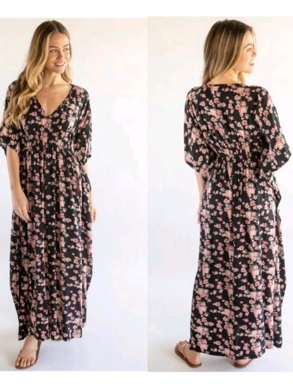 Natural Life Sanibel Floral Print Kaftan Maxi Dress Medium Strech Empire Waist V